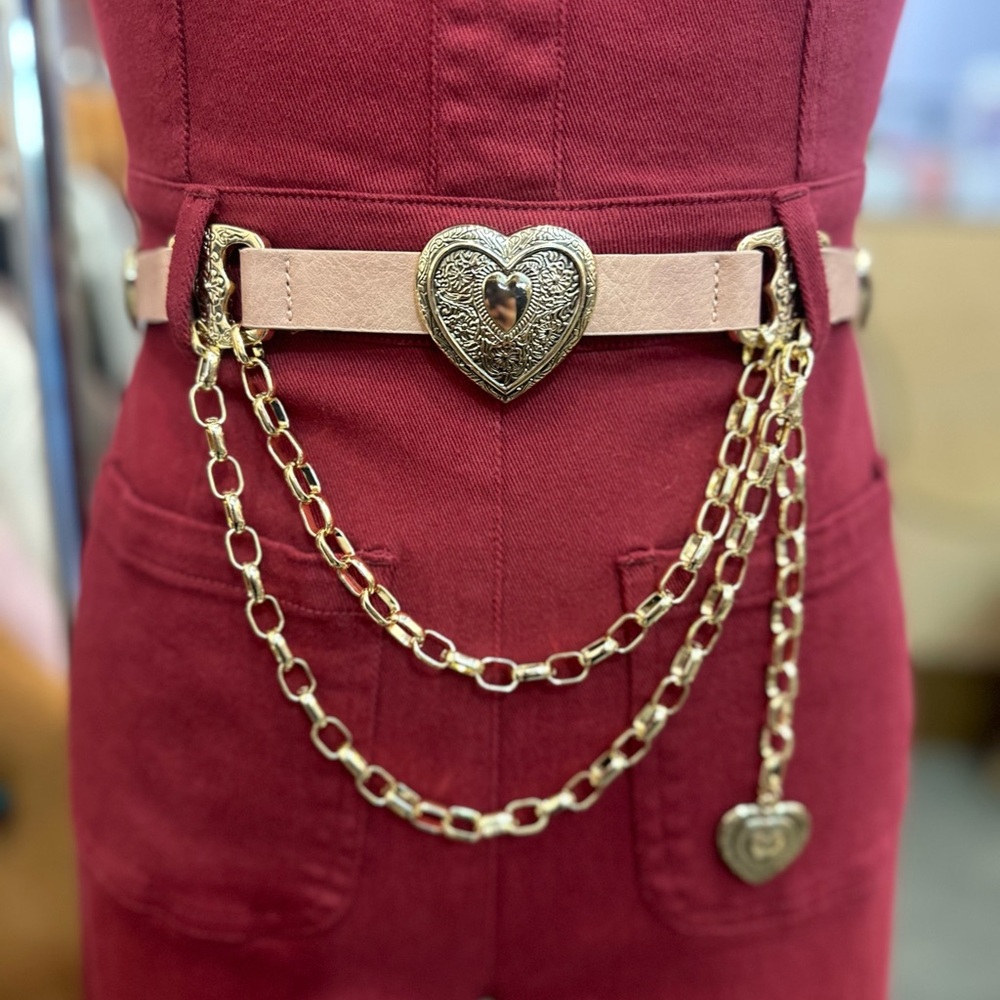 New! Blush Gold Heart Concho Chain Belt – Western Drape Statement Accessory